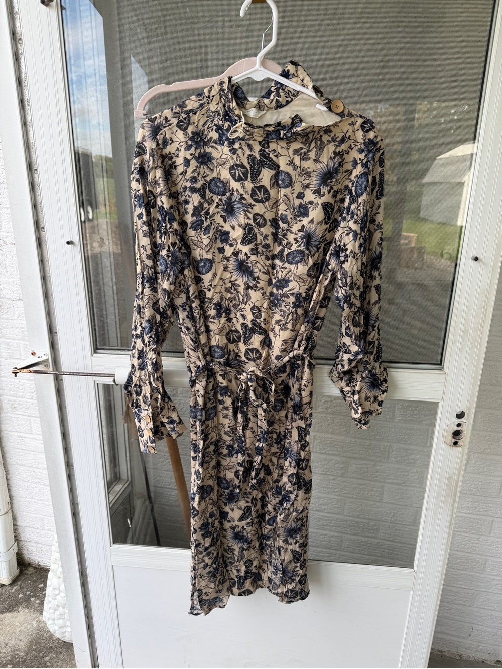 Zara Beige Midi Dress with Navy Floral Print and Tie Waist